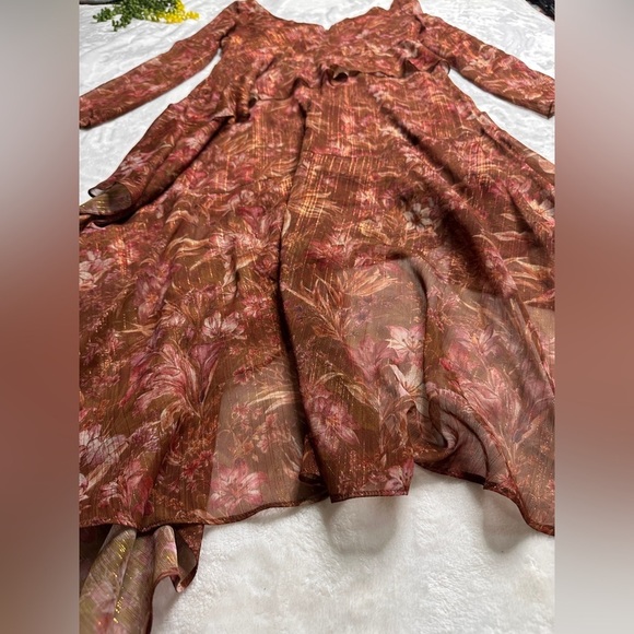 Marchesa Notte Floral Chiffon Asymmetrical Ruffle Dress in Rust Womens 8 - Picture 8 of 16